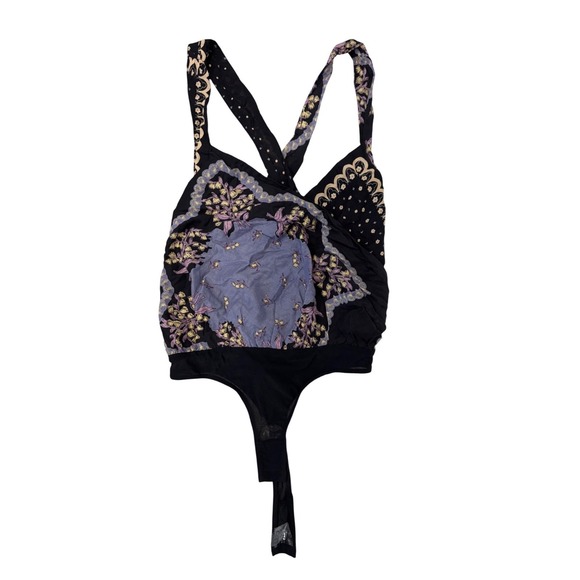 Free People Intimately Floral Bandana Print Bodysuit Black Purple XS OB1105151 - Picture 3 of 13